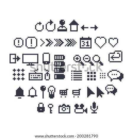Pixel art contour, black and white 8-bit icons for website or mobile user interface