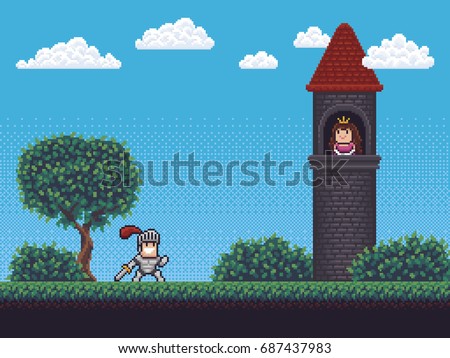 Pixel art background scene with tower, knight, princess, grass, tree, bushes and clouds