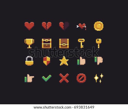 Collection of different pixel art game UI icons