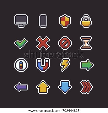 Set of sixteen pixel art 8-bit UI icons with pc and mobile devices, shield, lock, hourglass, compass, magnet, lightning and arrows