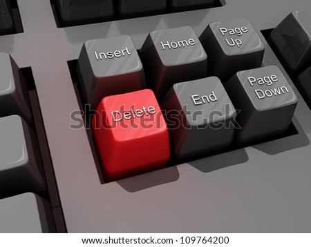A computer Keyboard close up of a Red Delete Key.