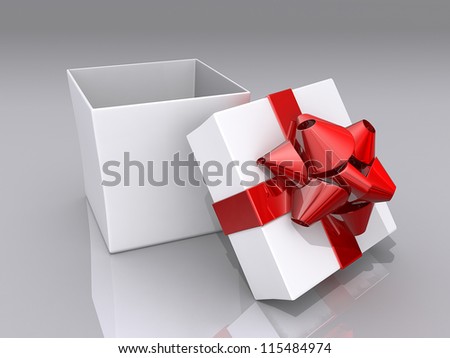 Open gift box with a red ribbon and bow on a shiny background.