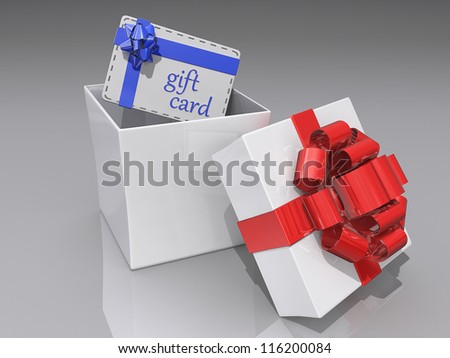 Open gift box with a red ribbon and bow and a white gift card with a blue.