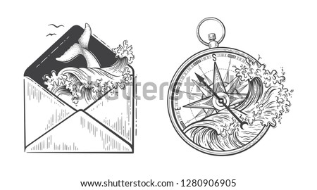 Ocean graphic vector illustration with compass, waves, whale tail in envelope. Travel, outdoor, adventure, explore symbol. Hand drawn engraving style for tattoo, print, poster, sticker, card design