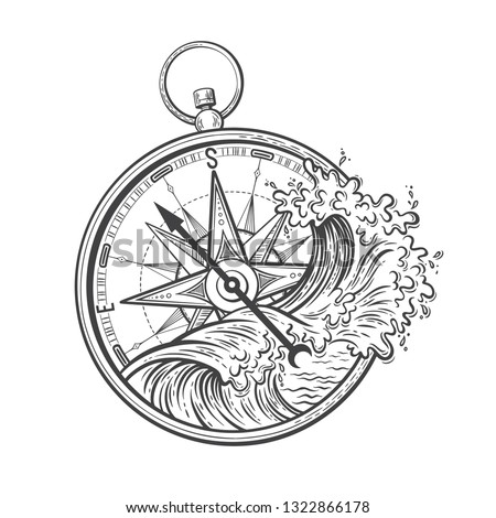 Sea graphic vector illustration with ocean waves and compass, wind rose image. Travel, outdoor, adventure, explore symbol. Direction and navigation antique tool. Engraving style for tattoo, print