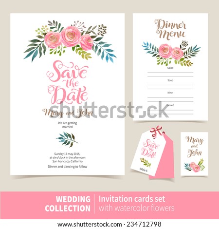 Vector set of invitation cards with watercolor flowers elements and calligraphic letters. Wedding  collection