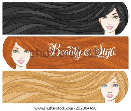 Girls with beautiful hair. Vector illustration for barber shops, beauty salons, spa salons. Horizontal banners with young European women