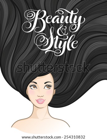 Girl with beautiful hair. Vector illustration for barber shops, beauty salons, spa salons. Hairstyle banners with young women and calligraphic inscription \