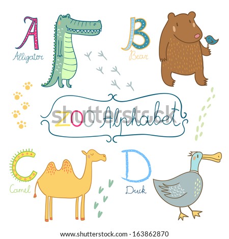 Cute Zoo Alphabet In Vector. A, B, C, D Letters. Funny Animals ...