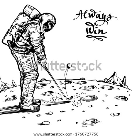 Stylish linear drawing astronaut playing golf on the moon sketch vector