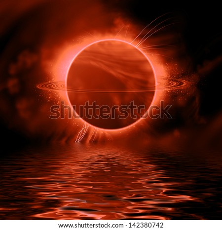 Fantasy planet reflected in water surface. Space background.
