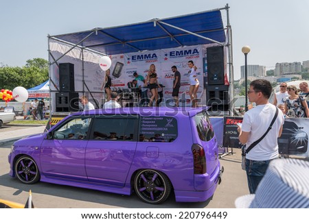VLADIVOSTOK, RUSSIA - AUGUST 9, 2014: Car audio show on Batareinaya street in Vladivostok. The event is part of the program EMMA Russia Event.