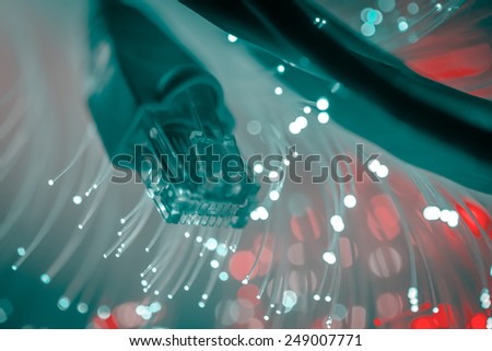 Network cables closeup with fiber optic. Selective focus with shallow depth of field.