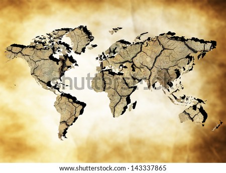 Map of the world with continents from dry deserted soil over old paper background
