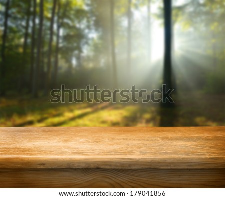 Empty table and defocused forest in background