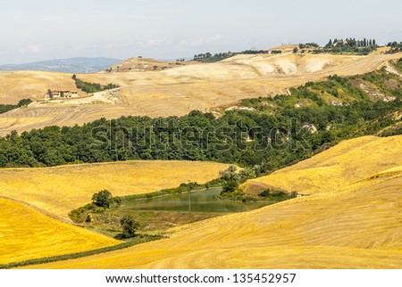 Crete senesi, characteristic landscape in Val d'Orcia (Siena, Tuscany, Italy) along the road from Asciano to Torre a Castello