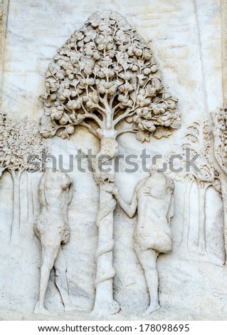 Certosa di Pavia (Lombardy, Italy), church of the historic abbey, detail of the facade, Adam and Eve