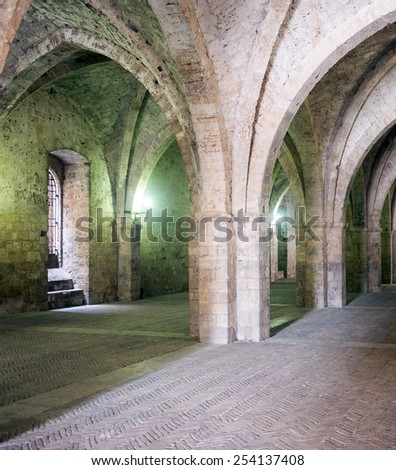 RIETI, ITALY - JULY 14, 2014: portico of the medieval Palace of the Popes, built in the 13th century near the Cathedral