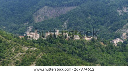 Mountain landscape in Montefeltro (Marches, Italy) at summer. Old village