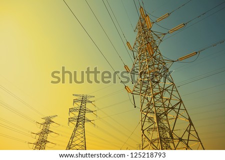 Power transmission towers of sky background