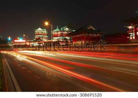 Chinese classical style of ancient buildings and road Night,Tengwang Pavilion, Jiang Nanchang Jiangxi
