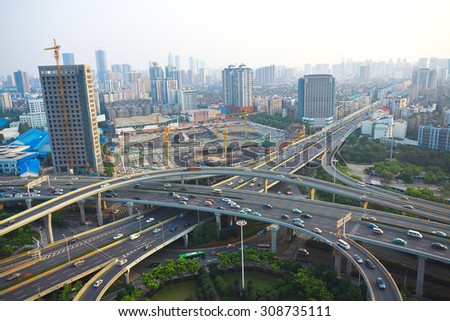 Aerial view of Wuhan at City viaduct bridge road landscape