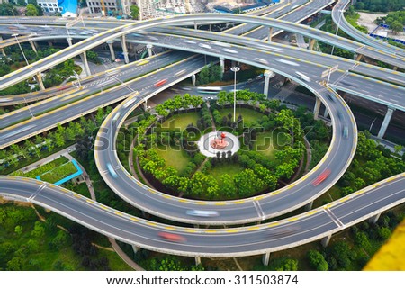 Aerial view of Wuhan at City round viaduct bridge road landscape. Similar to the shape of the human eye