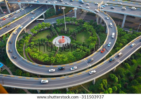 Aerial view of Wuhan at City round viaduct bridge road landscape. Similar to the shape of the human eye