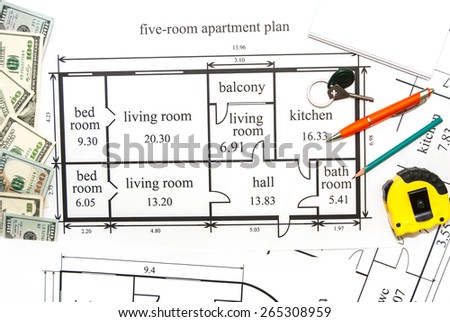 apartments plan with dollar, pen  and key
