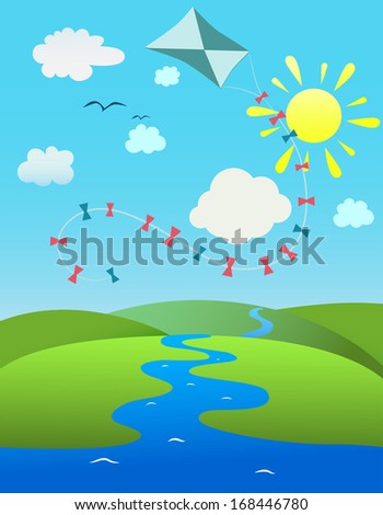 Summer landscape with river, blue sky and  kite flying
