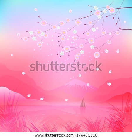 Flowering branches on background of sea and mountains. Landscape with sunrise in mountains