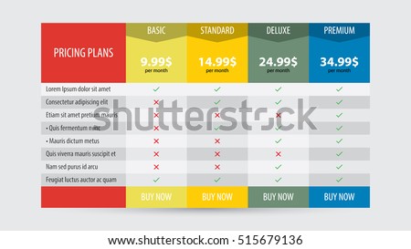 Vector pricing table design template for business plans.