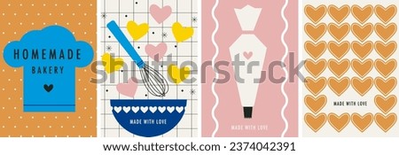 Baking set. Homemade bakery concept. Flat vector Illustration. Bakery process set of cards, poster. Cooking hat. Whisk. Decorate cookies with cream from pastry bag. Kitchenware, cooking utensil. 