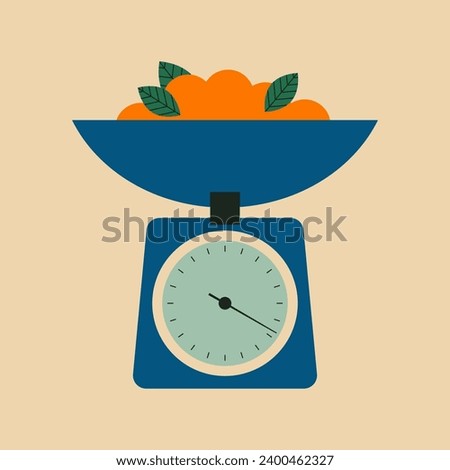 Kitchen scale. Analogue scales vector illustration. Food measuring device. Weight scale. Kitchen utensils, kitchenware for cooking and baking. Flat vector illustration. Trendy abstract style.