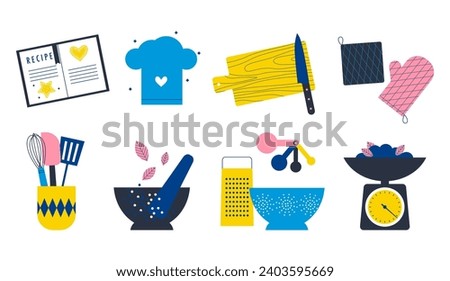 Retro kitchen utensils icon set. Recipe book icon. Jar with cutlery. Spatula and whisk in holder. Measuring spoons. Kitchenware for cooking and baking. Flat vector illustration. Trendy abstract style.