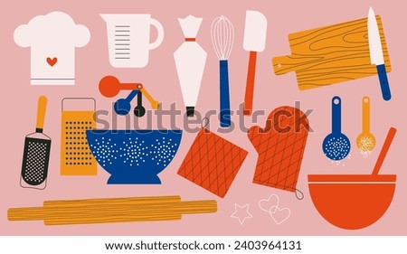 Kitchenware icon set. Kitchen utensils icons. Cooking and baking design elements. Flat vector illustration of various cutlery, tools for prepare a pasta. Abstract vintage style. Scandinavian design.