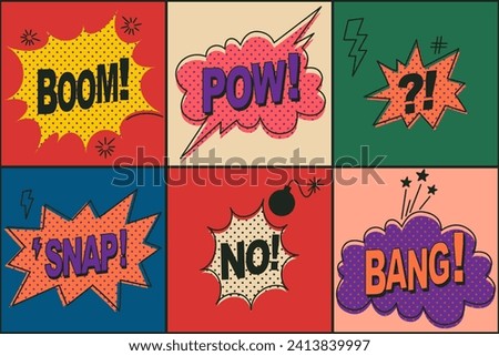 Speech bubbles set. Comic text sound effect. Banner, poster, sticker concept. Expression funny style text Boom, Pow. Explosion design. Vector bright cartoon messages. Abstract background pop art style