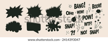 A pack of speech bubbles. Comic text sound effects set. Banner, poster, sticker concept. Expression funny style text Boom, Pow, Bang, Wow. Explosion. Vector cartoon messages. Abstract pop art style