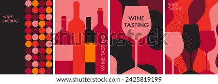 A set of minimal posters with wine bottles, glasses of wine. Wine tasting concept. Abstract flat vector illustration in red. Perfect for menu, cover design, promotion. Festive drink, wine party.