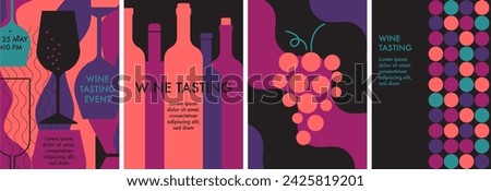 A set of minimal posters with wine bottles, glasses of wine, grapes. Wine tasting concept. Abstract flat vector illustration. Perfect for menu, cover design, promotion. Festive drink, wine party.