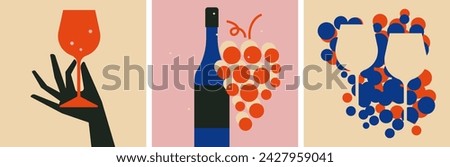 Wine tasting concept. Wine glasses, bottle, grapes icon set. Hand holding wine glass. Collection of wine vector design elements for restaurant menu, invitation for an event, festival, party