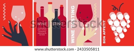 Wine abstract minimal flat design. Hands holding glass of red and white sparkling wine, champagne. Wine bottles, grapes. Restaurant menu, invitation for an event, festival, party. Wine tasting concept