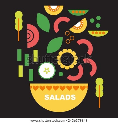 Poke bowl. Veggie. Salad bowl with vegetables and greens isolated on black background. Flat vector illustration of fresh and healthy vegan lunch meal, snack. Organic vegetarian nutrition food concept