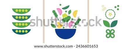 Vegetables collection. Decorative abstract flat vector illustration with green veggies. Salad bowl. Greens icon set. Perfect background for web posters, cover design. Go vegan. Healthy food concept