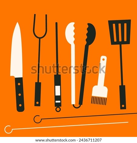 Grill barbecue tools. BBQ tool set grill accessories. Grilling utensils, knife, thermometer, tongs, brush, spatula, fork for barbecue food cooking. Flat, geometric style. Barbecue party. BBQ time