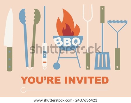 Barbecue party. BBQ time. Grill barbecue background. BBQ tool set grill accessories. Grilling utensils, knife, thermometer, tongs, spatula, fork for barbecue food cooking. Flat geometric style