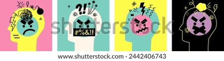 Negative thinking concept. Humans head silhouette with swearing emoji. Angry face icons set. Emotional stress. Mad emoticon sticker, hate, furious, doodle element. Vector illustration for social media