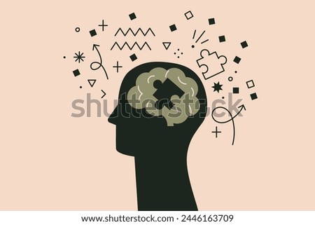 Alzheimer, trauma, autism, memory loss, dementia, epilepsy disease vector illustration with doodles. Human brain lacking a piece of puzzle. Concept of  brain function. Abstract human head profile