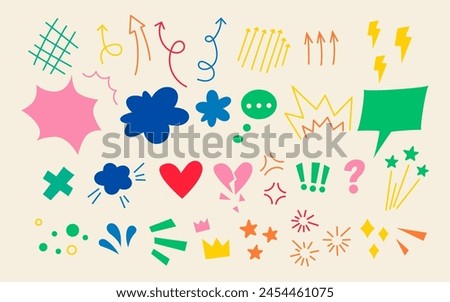 Hand drawn effect set. Collection of arrows and speech bubbles. Vector illustration. Doodle anime icons in bright colors