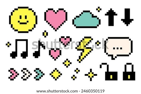 Set of pixel icons. Smile, heart, star, sparkle, cloud, arrow, speech bubble in the mood of 90s aesthetics. Vector 8-bit retro style illustration. Video game style
